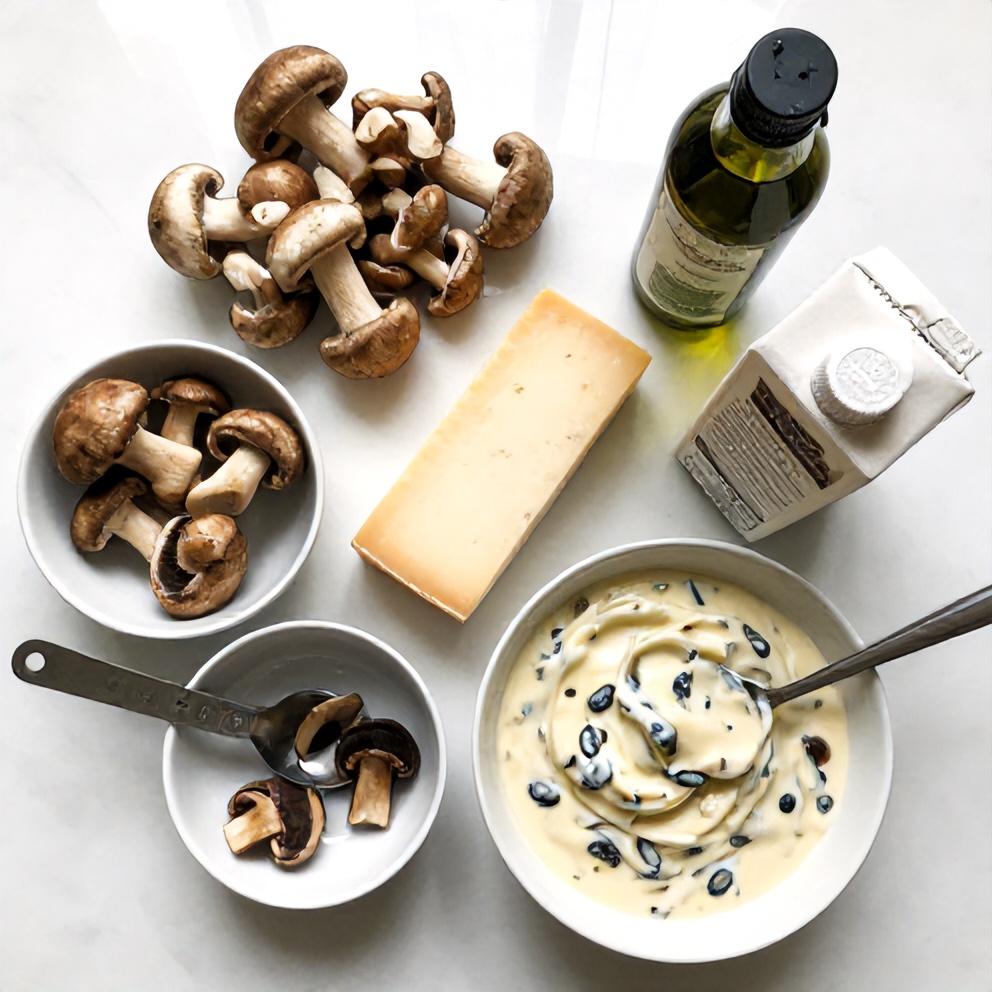 Raw ingredients for Creamy Gorgonzola Truffle Mushroom Sauce for Pasta