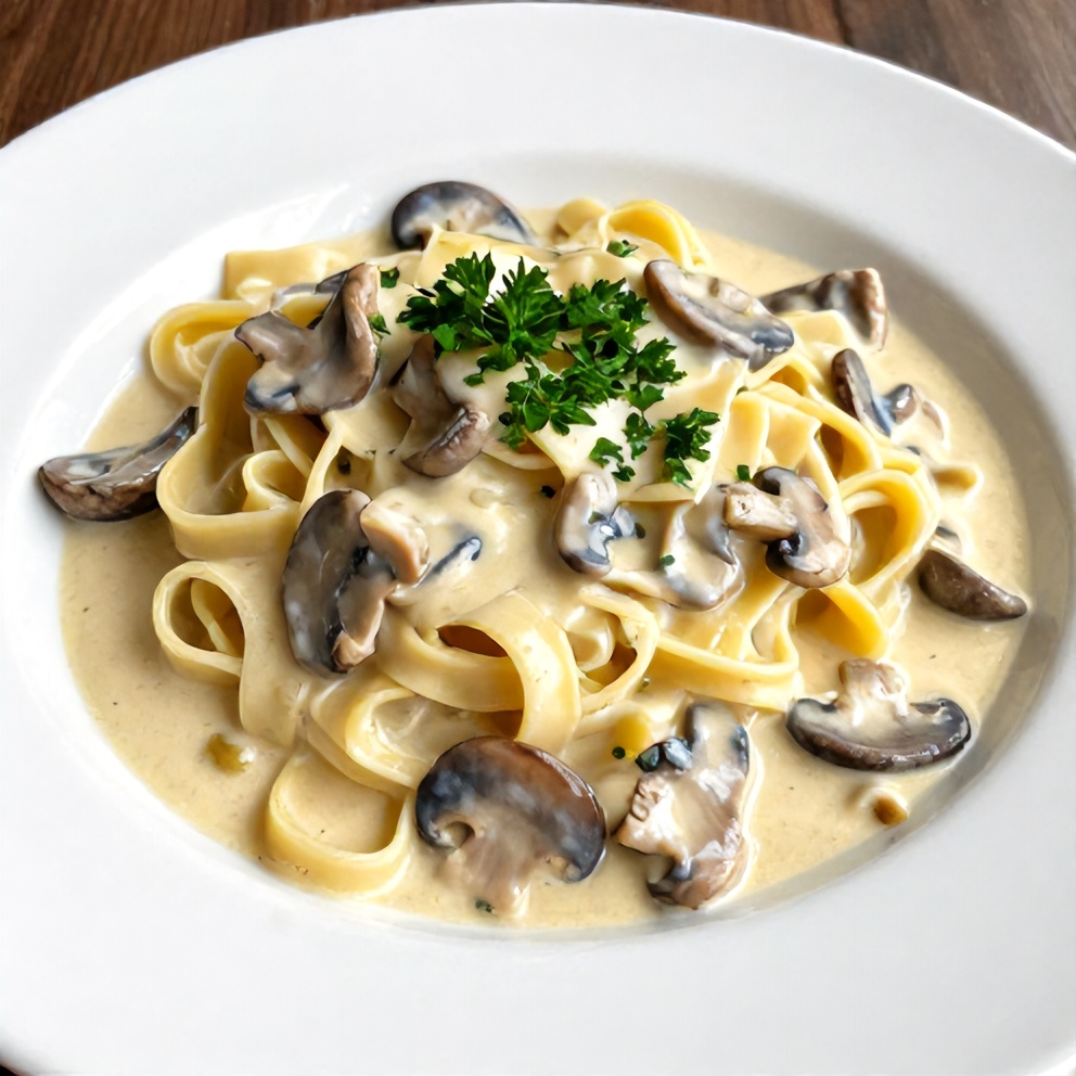 One perfect plated serving of Creamy Italian Mushroom Carbonara on a white plate, garnished with fresh parsley, showing the creamy sauce and savory mushrooms.
