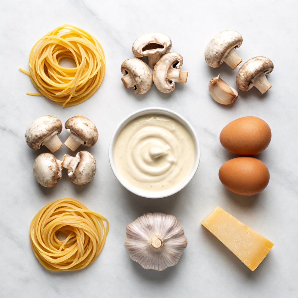 Raw ingredients for Creamy Italian Mushroom Carbonara arranged in an overhead flat lay on a white marble surface, including pasta, mushrooms, garlic, eggs, and Parmesan cheese.