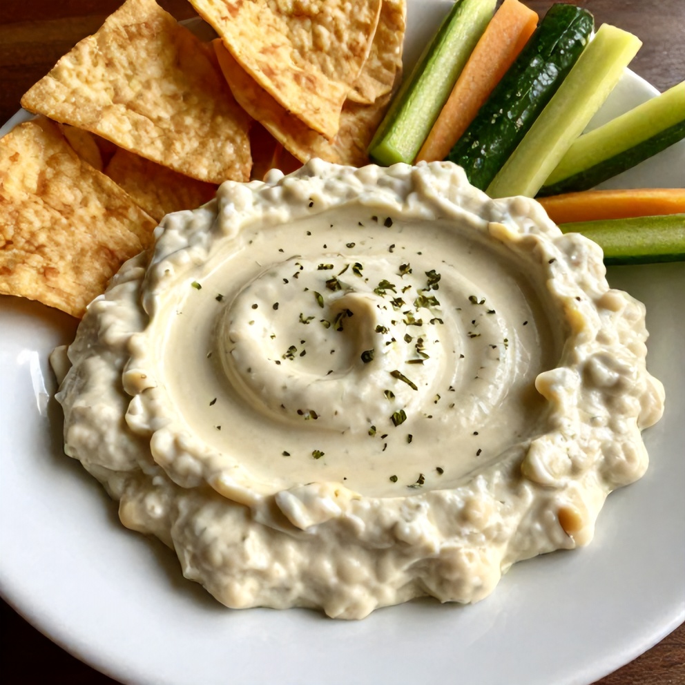 Plated Creamy Lemon Herb White Bean Dip with a sprinkle of fresh herbs