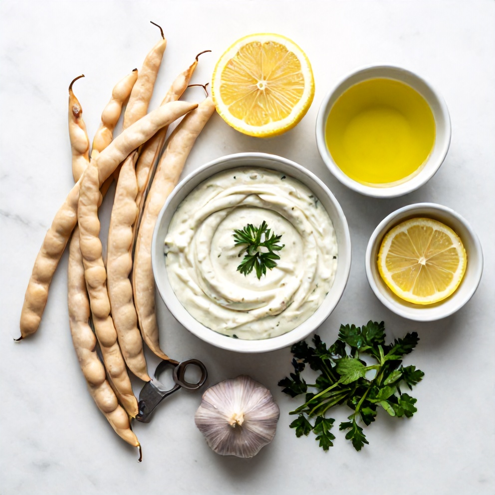 Raw ingredients for Creamy Lemon Herb White Bean Dip on a marble surface