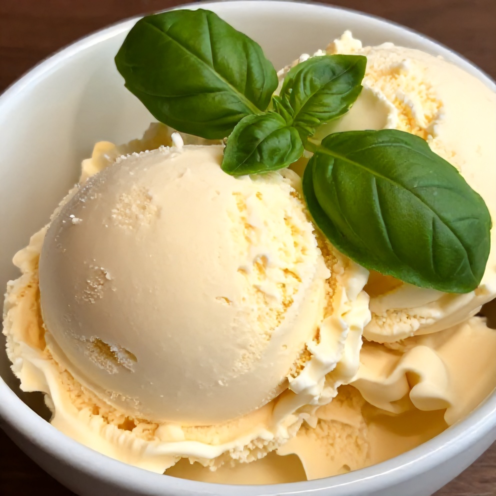 Scoop of Creamy Lime Roasted Strawberry Basil Ice Cream in a bowl