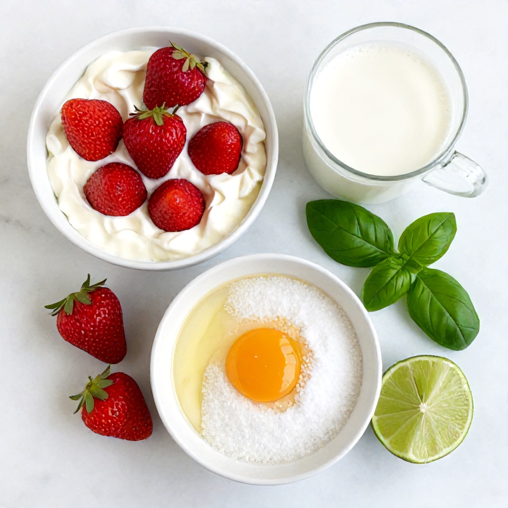 Raw ingredients for Creamy Lime Roasted Strawberry Basil Ice Cream