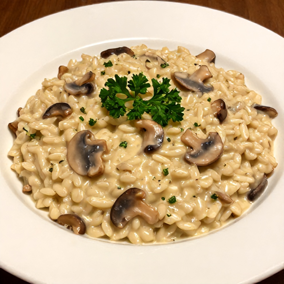 One perfect plated serving of Creamy Mushroom Risotto, garnished with fresh parsley, on a white plate