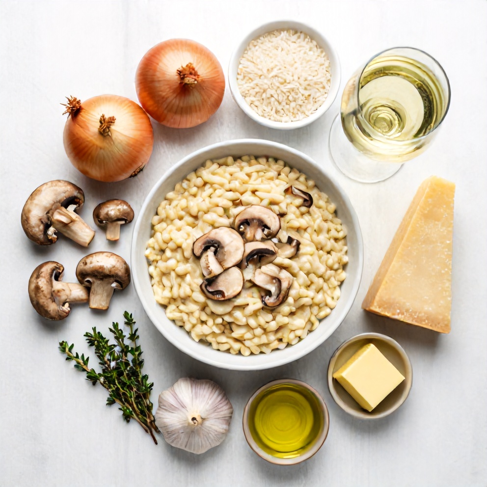 Raw ingredients for Creamy Mushroom Risotto arranged in an overhead flat lay, bright even light