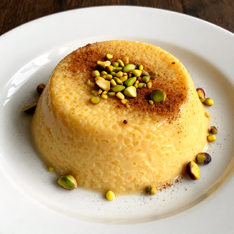 Plated Orange Blossom Semolina Pudding with Pistachios