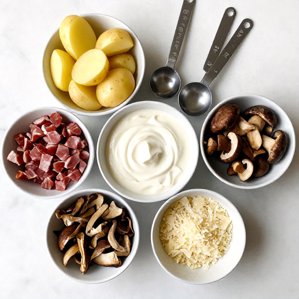 Raw ingredients for Creamy Pancetta and Porcini Potato Gratin