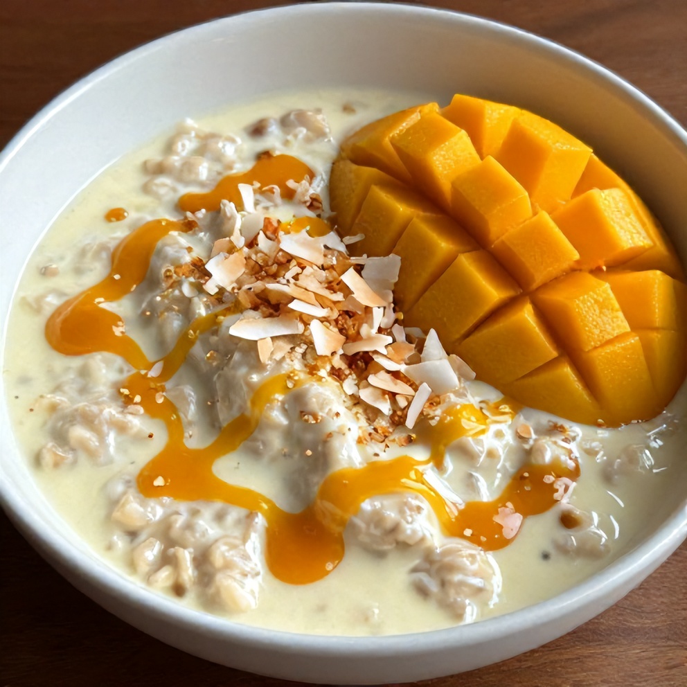 Finished Creamy Pandan Coconut Overnight Oats with Mango Drizzle