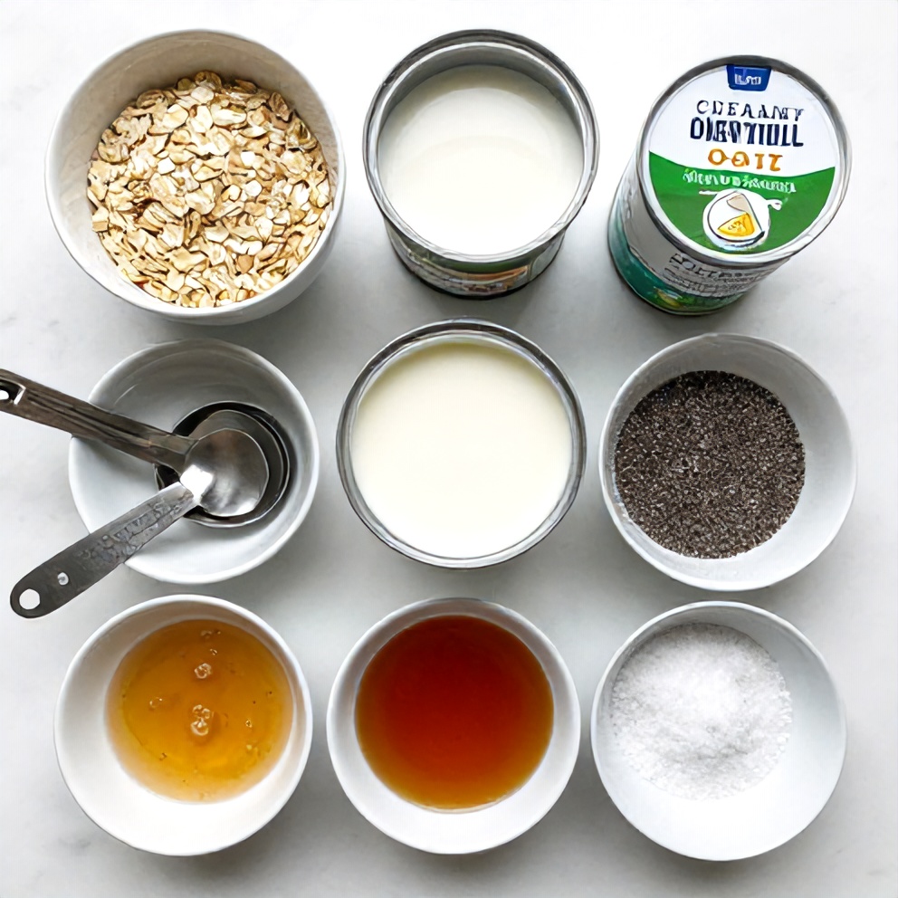 Raw ingredients for Creamy Pandan Coconut Overnight Oats