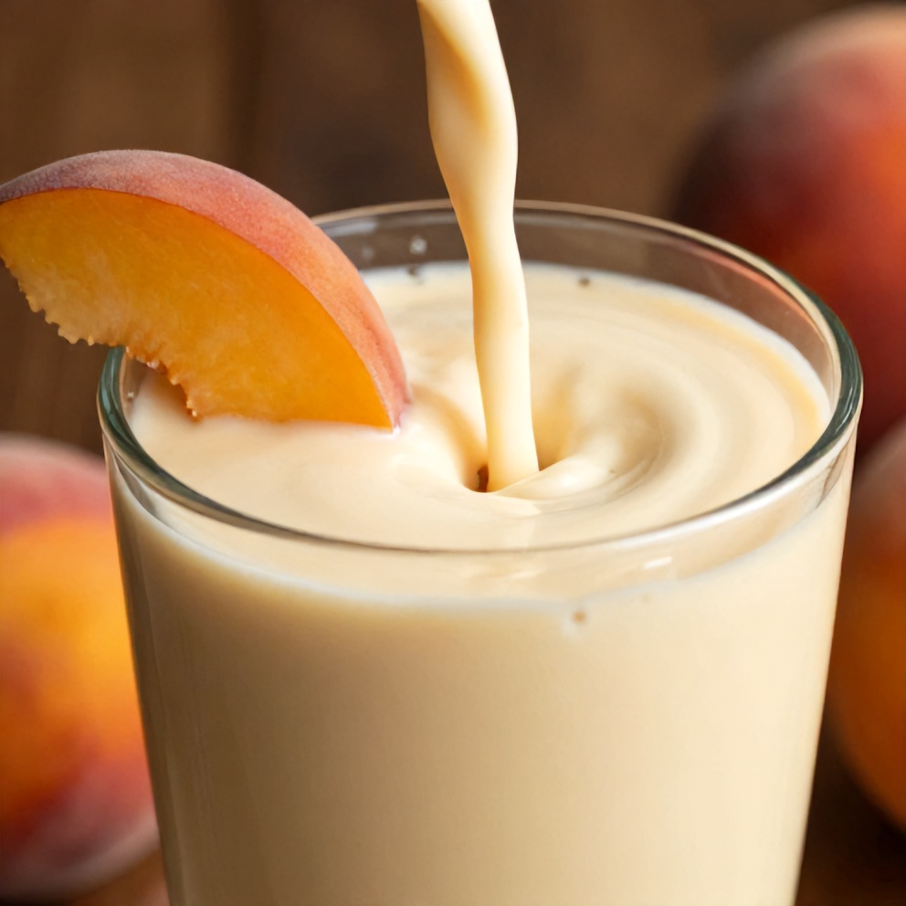 Creamy Peach Protein Shake poured into a glass with a slice of peach on the rim