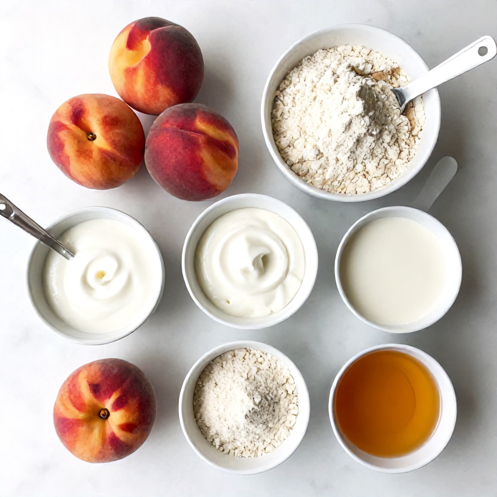 Peaches, Greek yogurt, protein powder, almond milk, and honey on a white marble surface