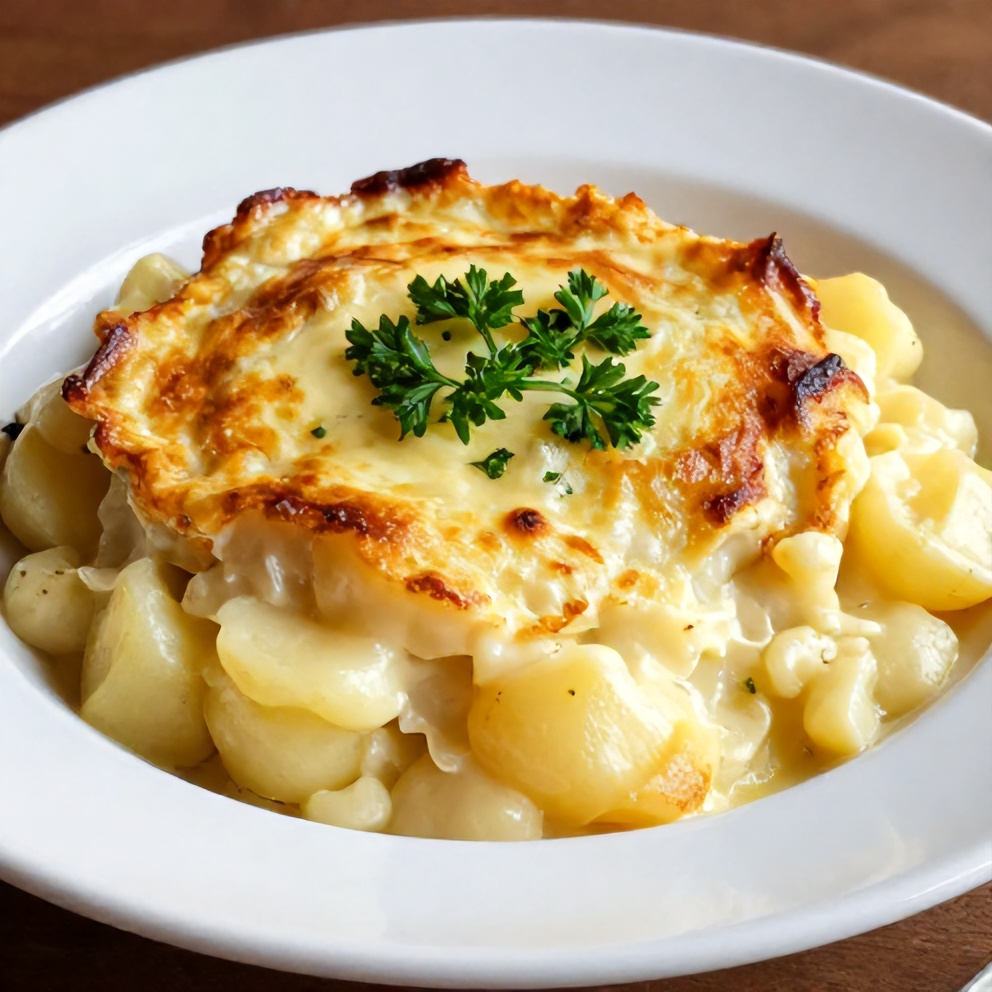 One perfect plated serving of Creamy Potato Gratin on a white plate, garnished with fresh parsley