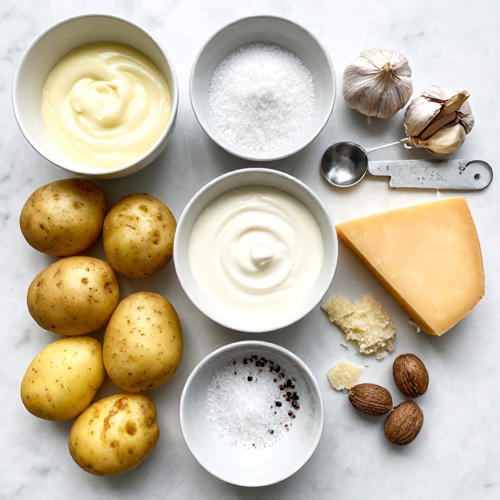 Raw ingredients for Creamy Potato Gratin arranged as an overhead flat lay, including potatoes, heavy cream, garlic, and cheese