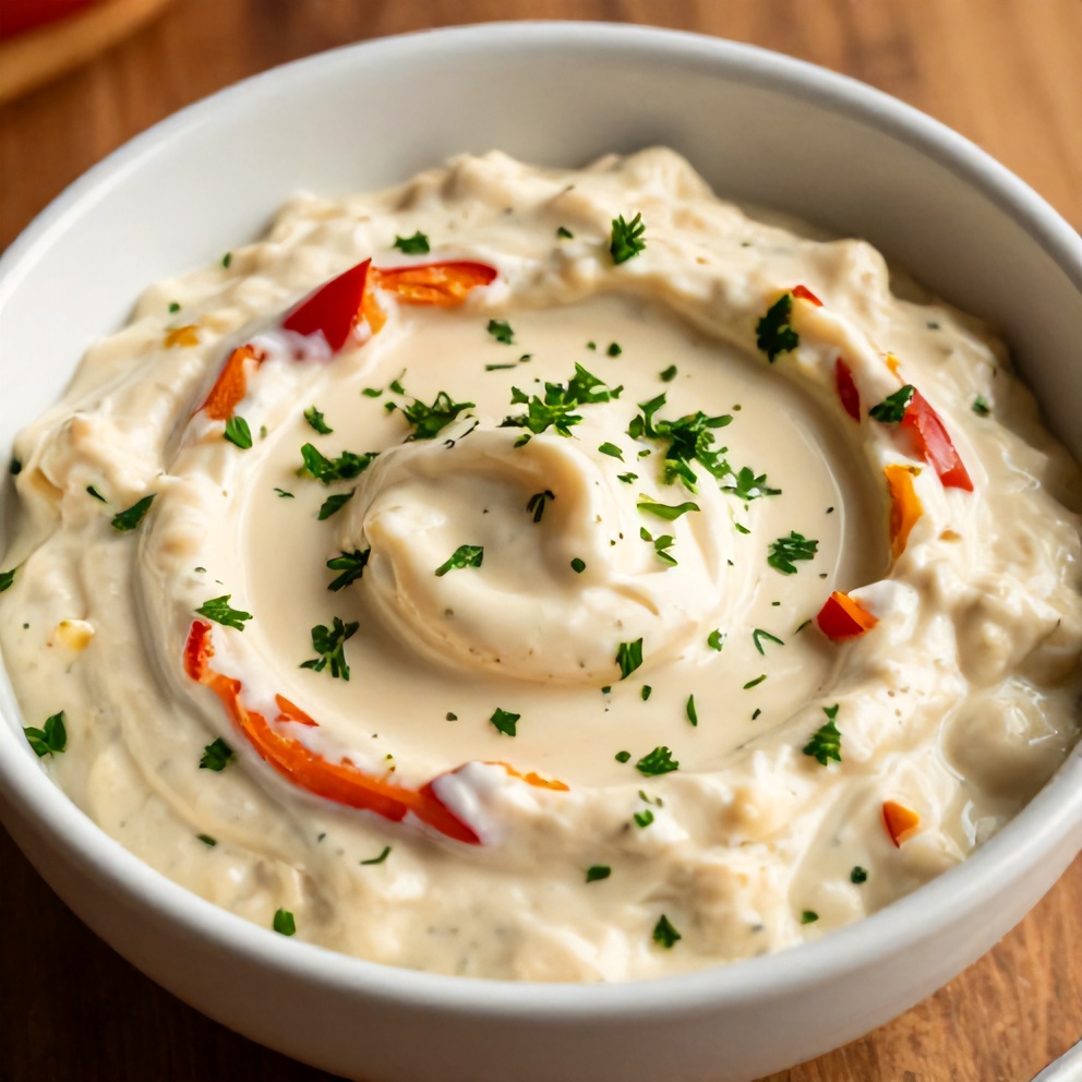 One perfect serving of Creamy Roasted Red Pepper and Garlic Dip in a white serving bowl, garnished with chopped parsley, close crop, warm side lighting showing the creamy texture, photorealistic food photography.