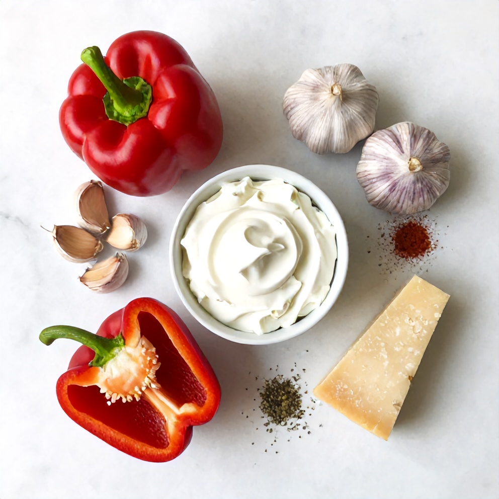 Overhead flat lay of bell peppers, garlic, cream cheese, sour cream, Parmesan cheese, and spices arranged on a white marble surface, bright even natural light, photorealistic overhead food photography.