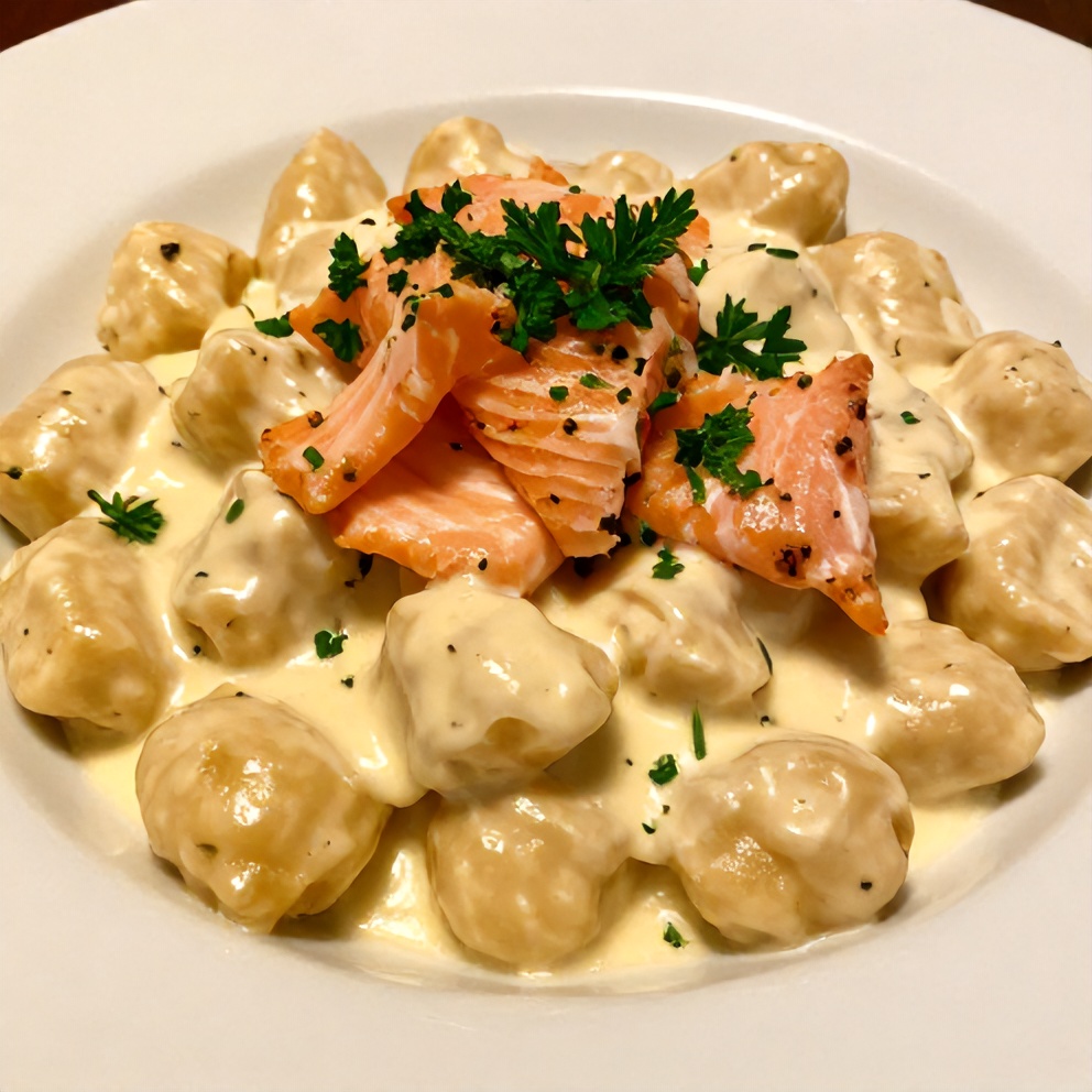 Plated Creamy Smoked Salmon Gnocchi with fresh parsley
