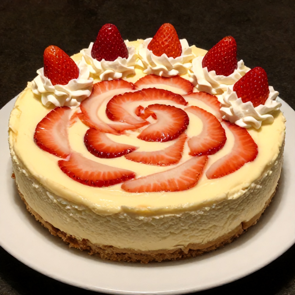 Sliced Strawberry Swirl Cheesecake on a dessert plate