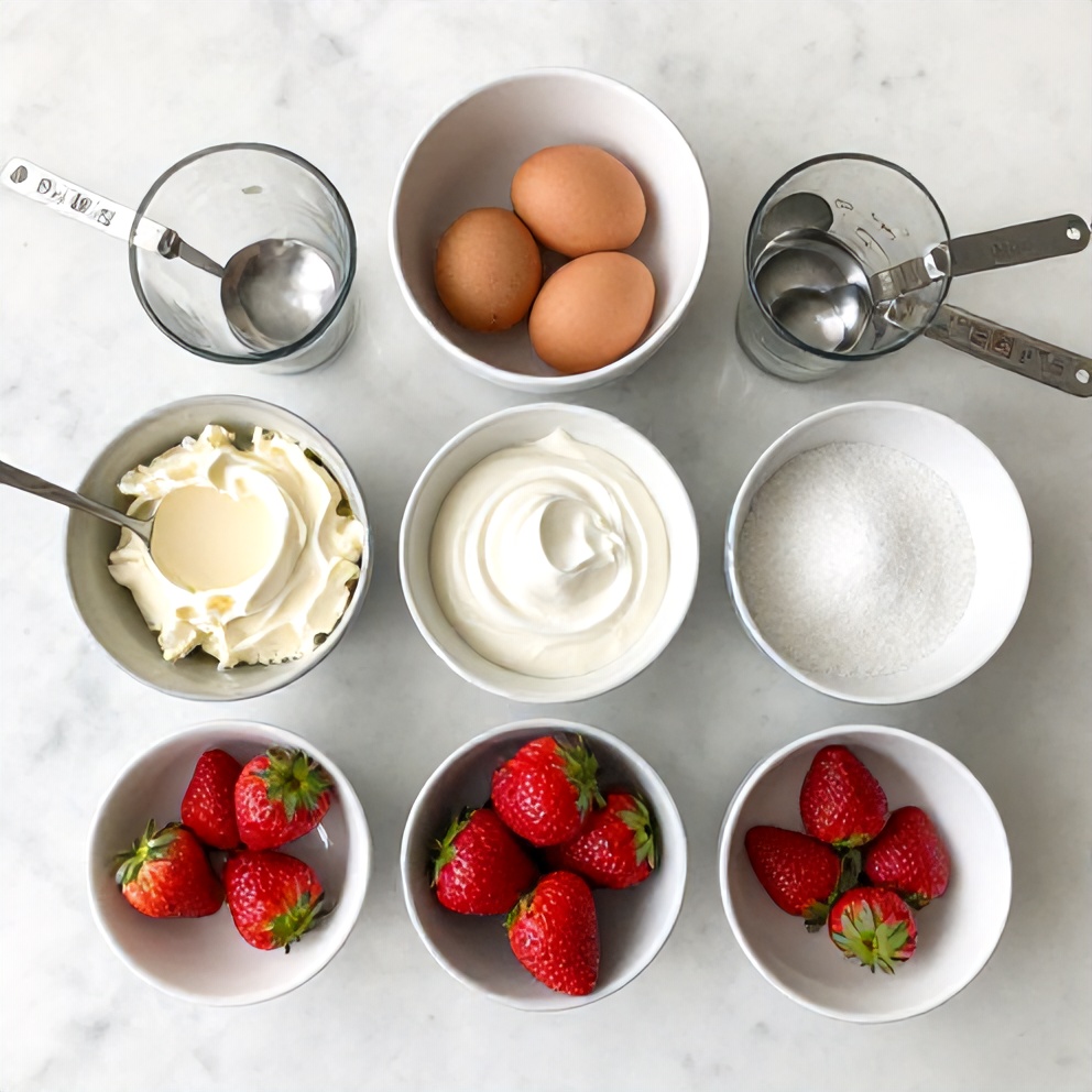 Ingredients for Strawberry Swirl Cheesecake on a marble counter