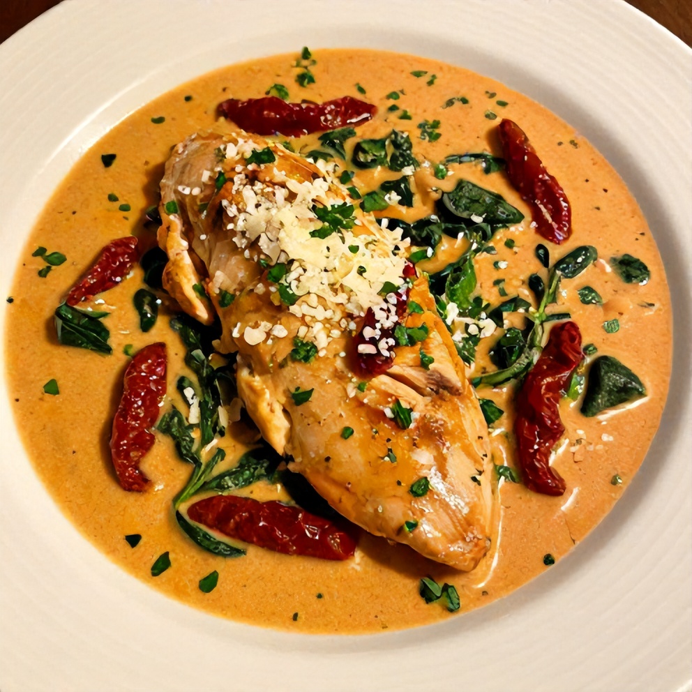 Plated Creamy Sun-Dried Tomato Chicken Skillet with Spinach