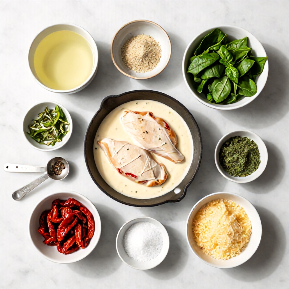 Raw Ingredients for Creamy Sun-Dried Tomato Chicken Skillet