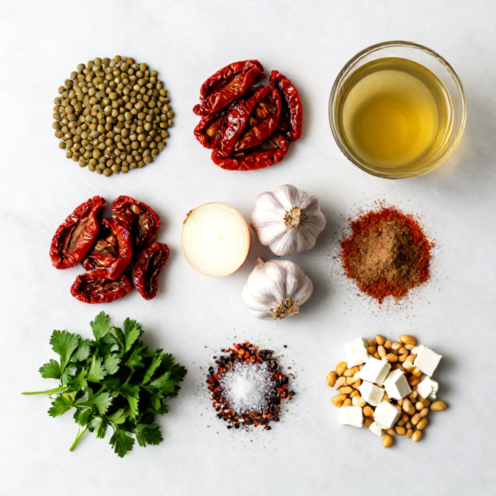 Ingredients for creamy sundried tomato lentils