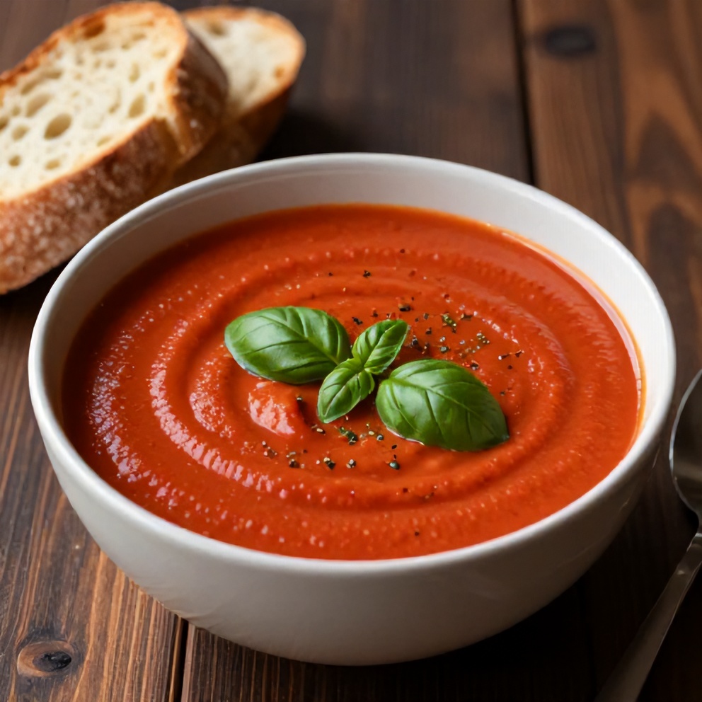 Bowl of creamy tomato soup with a sprinkle of basil and a side of crusty bread