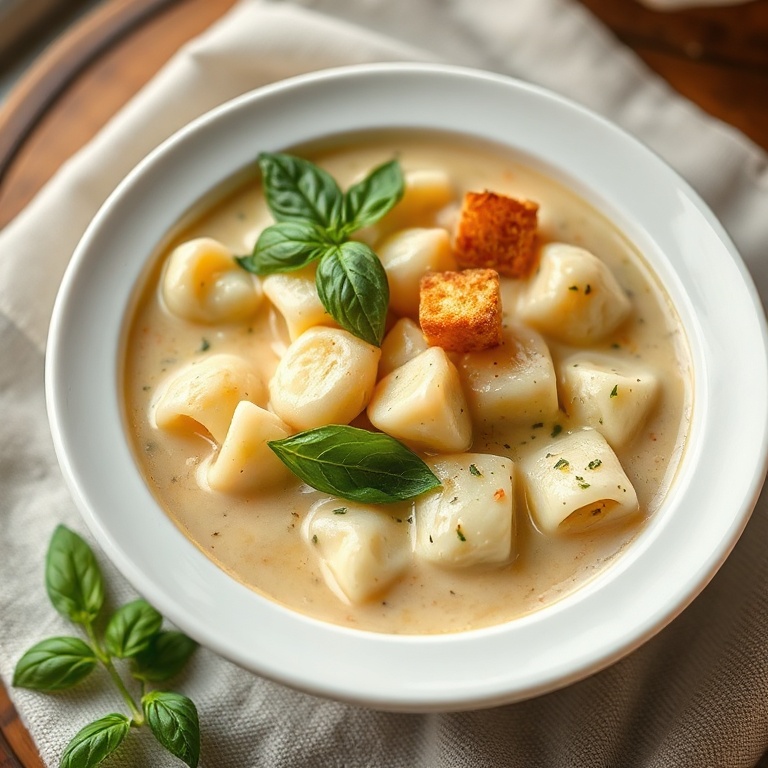 Creamy vegetarian gnocchi soup served in a white ceramic bowl topped with fresh basil leaves, golden croutons, and a drizzle of olive oil.
