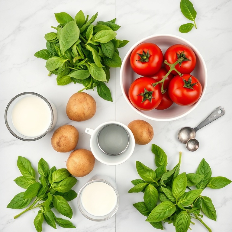 Overhead flat lay of russet potatoes, whole milk, fresh spinach, fire-roasted tomatoes, and basil leaves arranged with measuring spoons, small prep bowls, and a wooden spoon on white marble.