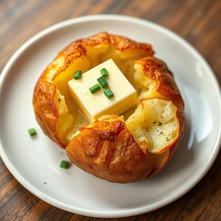 Plated crispy air fryer baked potato with melted butter and fresh chives on a white stoneware plate