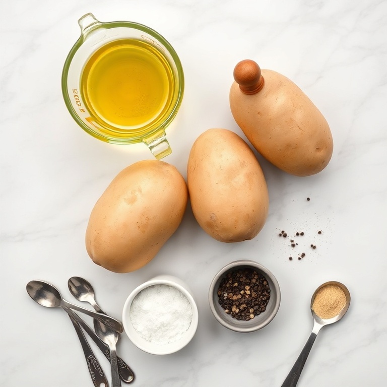 Raw russet potatoes, olive oil, kosher salt, black pepper, and garlic powder arranged on white marble with measuring spoons