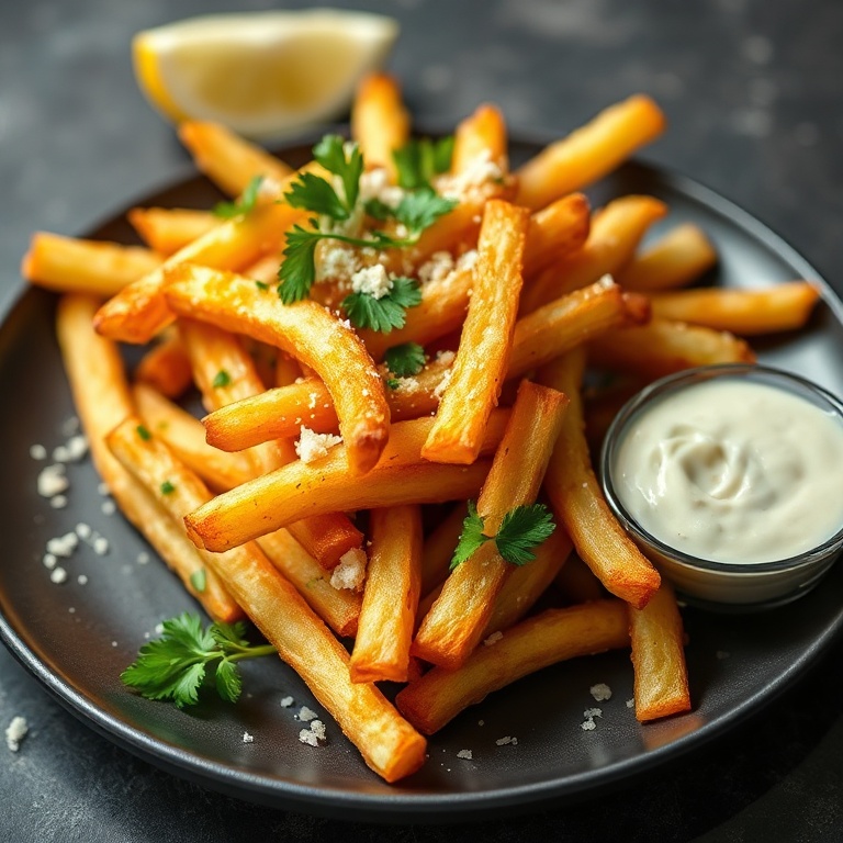 A single serving of crispy air fryer garlic parmesan fries plated on a matte black ceramic plate, garnished with fresh parsley and extra parmesan flakes.