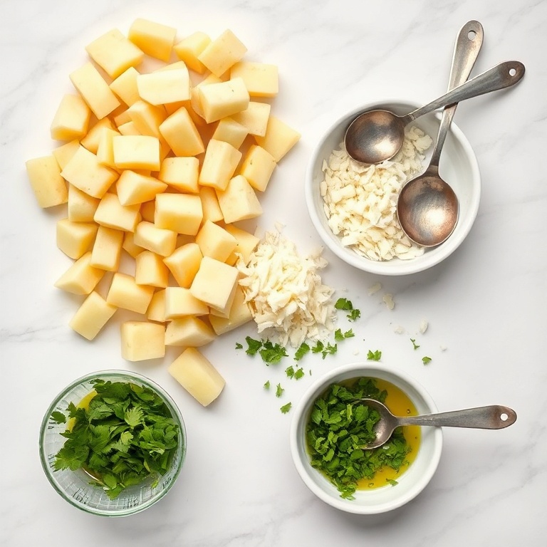 Raw ingredients for crispy air fryer garlic parmesan fries: russet potatoes, grated parmesan cheese, fresh garlic cloves, fresh parsley, and olive oil arranged in prep bowls on white marble.
