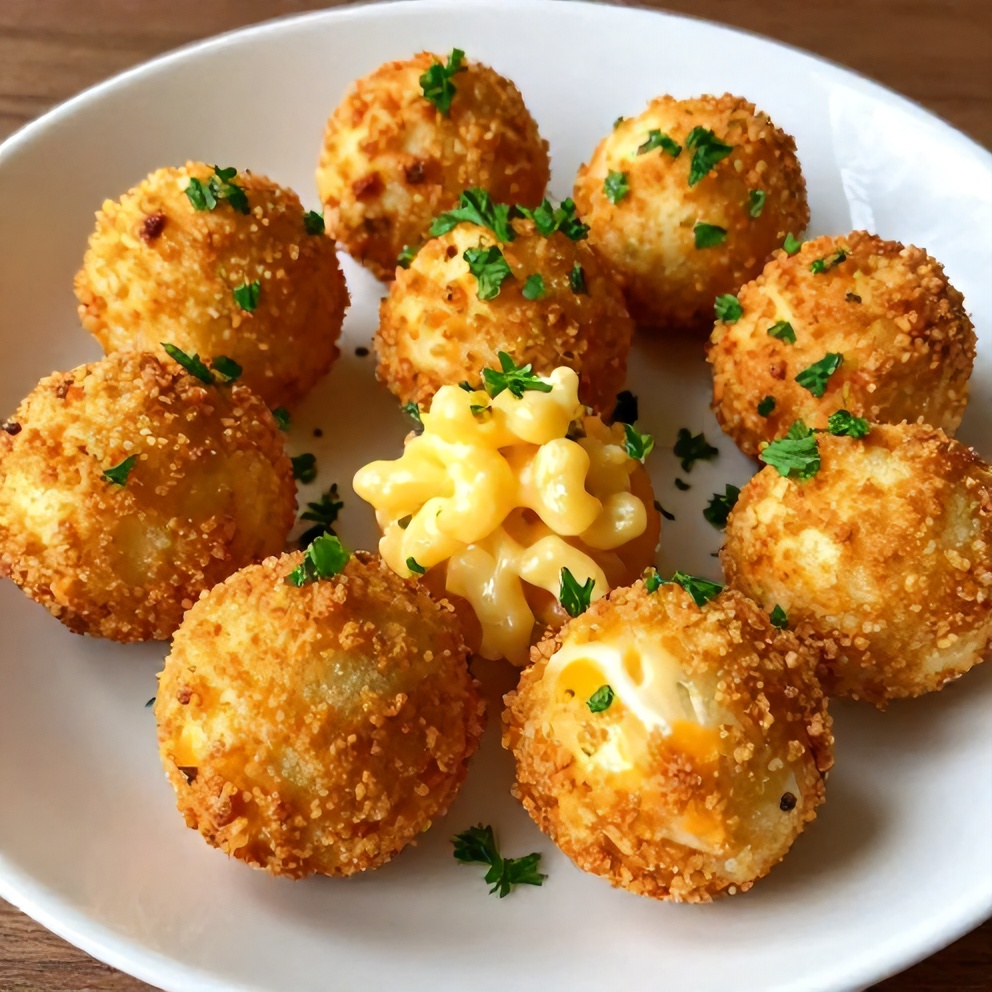Three crispy mac and cheese balls on a white ceramic plate, garnished with fresh chopped parsley, side of creamy dipping sauce.
