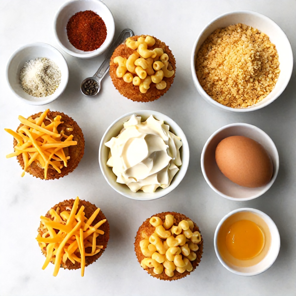 Overhead flat lay: cooked elbow macaroni, sharp cheddar cheese, cream cheese, panko breadcrumbs, large egg, plus small bowls with garlic powder, onion powder, and salt.