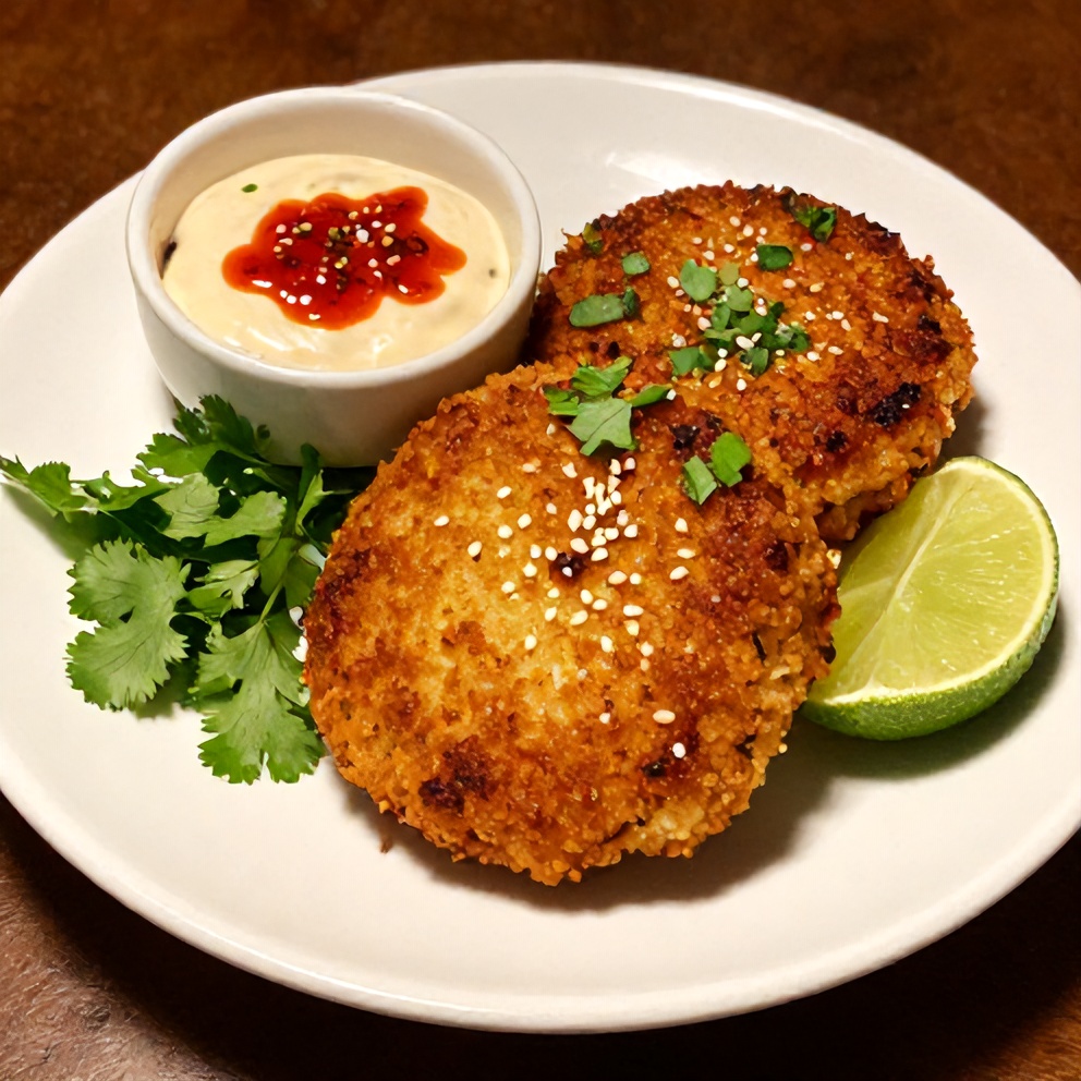 Plated Crispy Asian Tuna Cakes with Spicy Sriracha Aioli