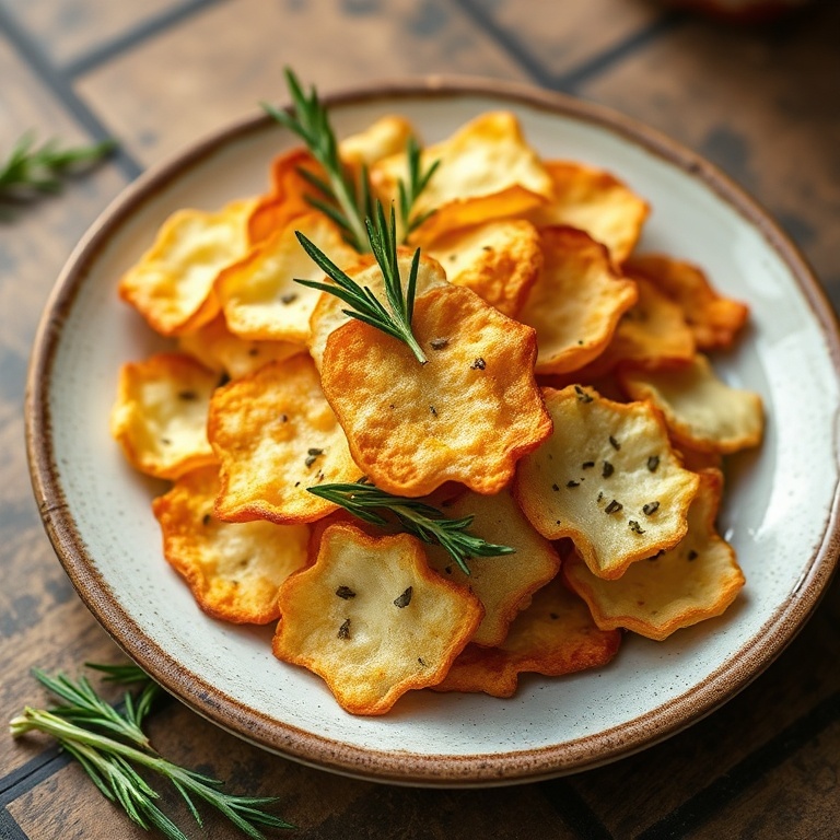 Crispy baked cottage cheese chips arranged on a rustic ceramic plate, garnished with fresh rosemary sprigs, warm side lighting highlighting crisp edges.