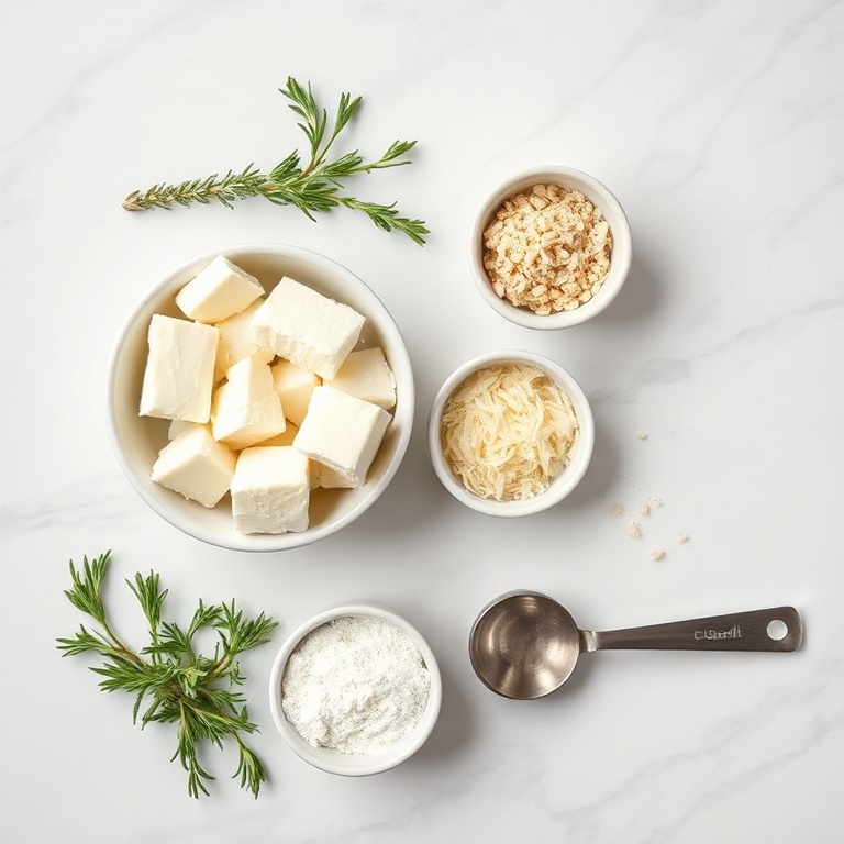 Overhead flat lay of cottage cheese, grated Parmesan, fresh rosemary, fresh thyme, garlic powder, small prep bowls, stainless steel measuring spoons, and a white marble surface.