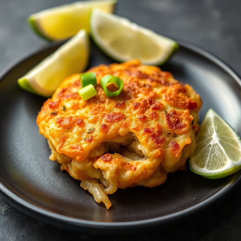 Crispy cabbage fritter plated on a matte black ceramic plate, garnished with extra scallion slices and a tiny wedge of lime