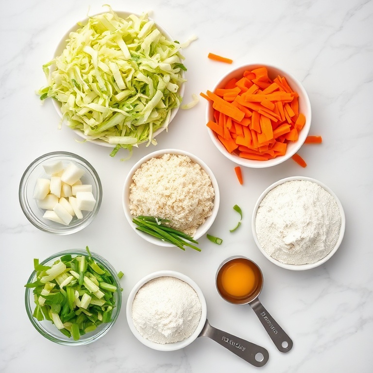 Overhead flat lay of raw shredded green cabbage, grated carrots, sliced scallions, all-purpose flour, and eggs arranged neatly on white marble with small prep bowls and measuring spoons