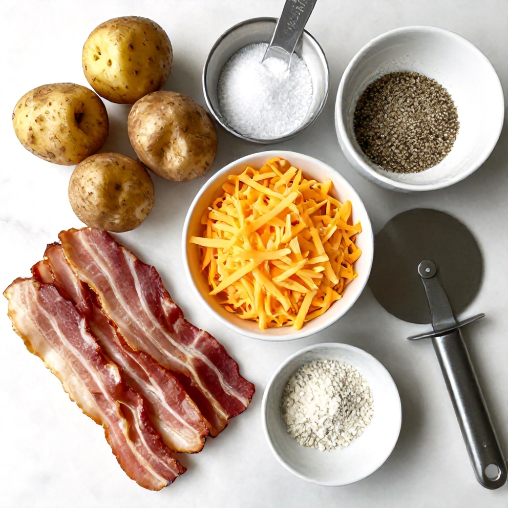 Ingredients for Crispy Cheesy Potato Skins with Bacon