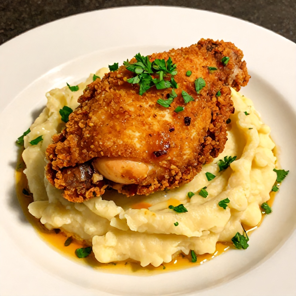 Plated Crispy Chipotle Honey Chicken with Smoked Gouda Mashed Potatoes