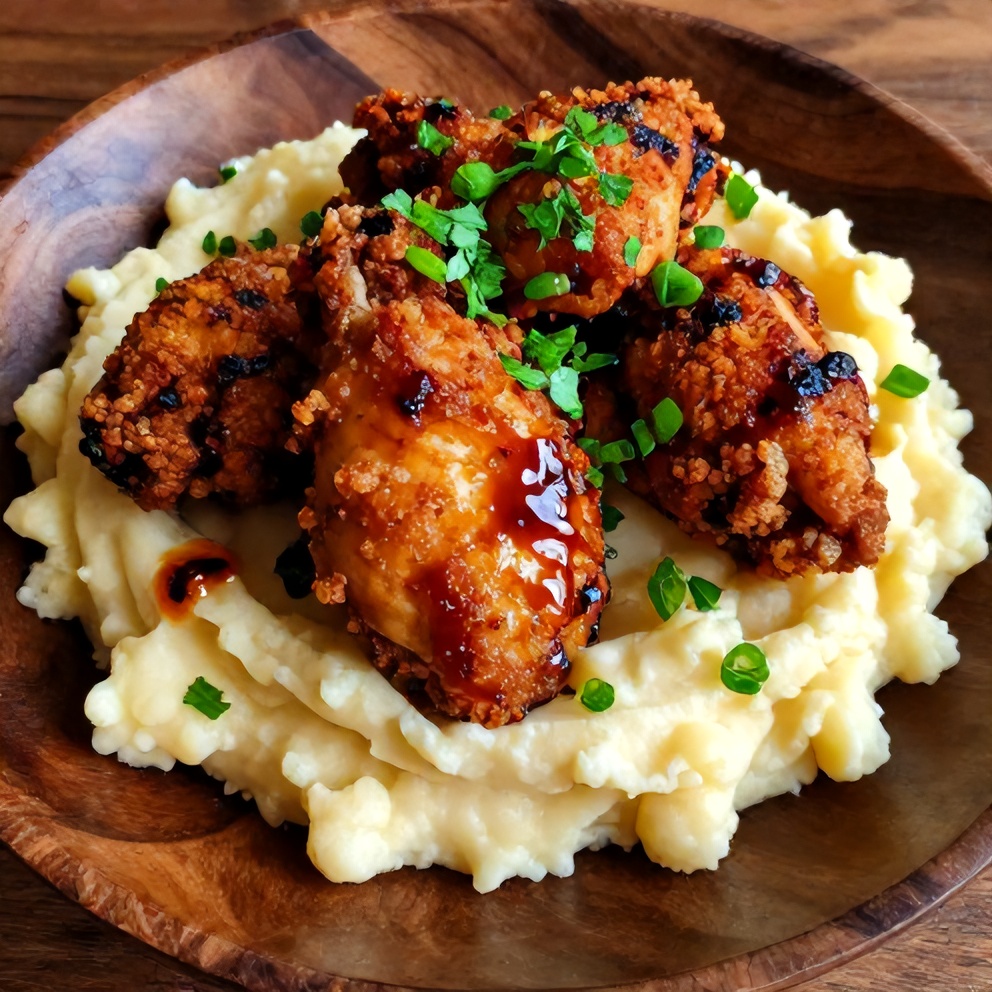 Finished Dish of Crispy Chipotle Honey Chicken Thighs with Gouda Mashed Potatoes