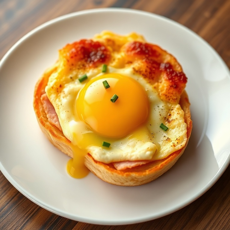 Plated crispy croque madame with golden cheese crust, runny egg yolk oozing over ham and béchamel, garnished with fresh chives on white ceramic plate.