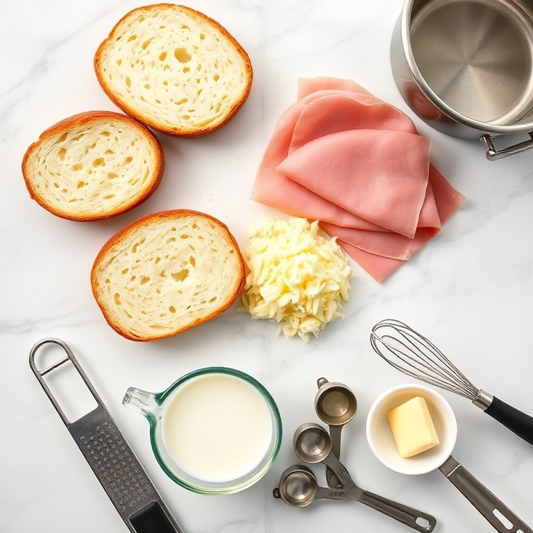 Raw ingredients for crispy croque madame: sliced brioche, gruyère cheese, Black Forest ham, whole milk, butter, all-purpose flour, and fresh nutmeg.