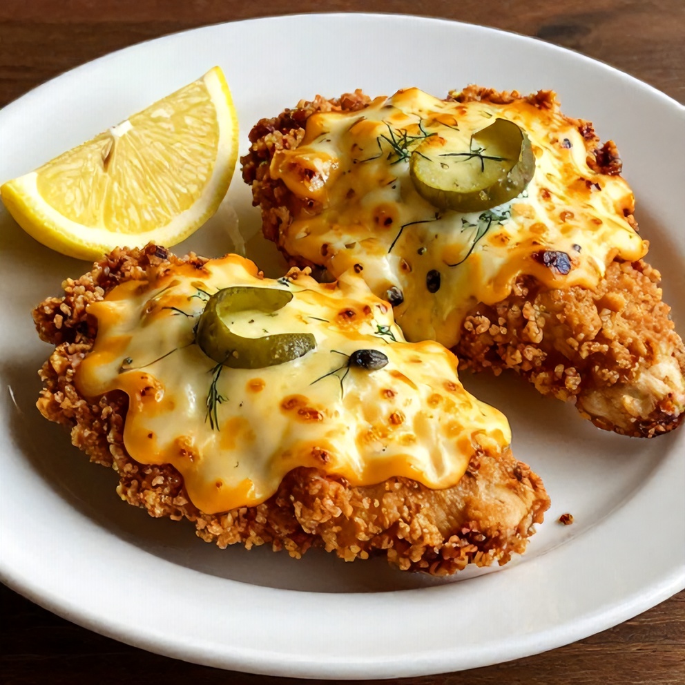 Plated Crispy Dill Pickle Parmesan Chicken with lemon wedge