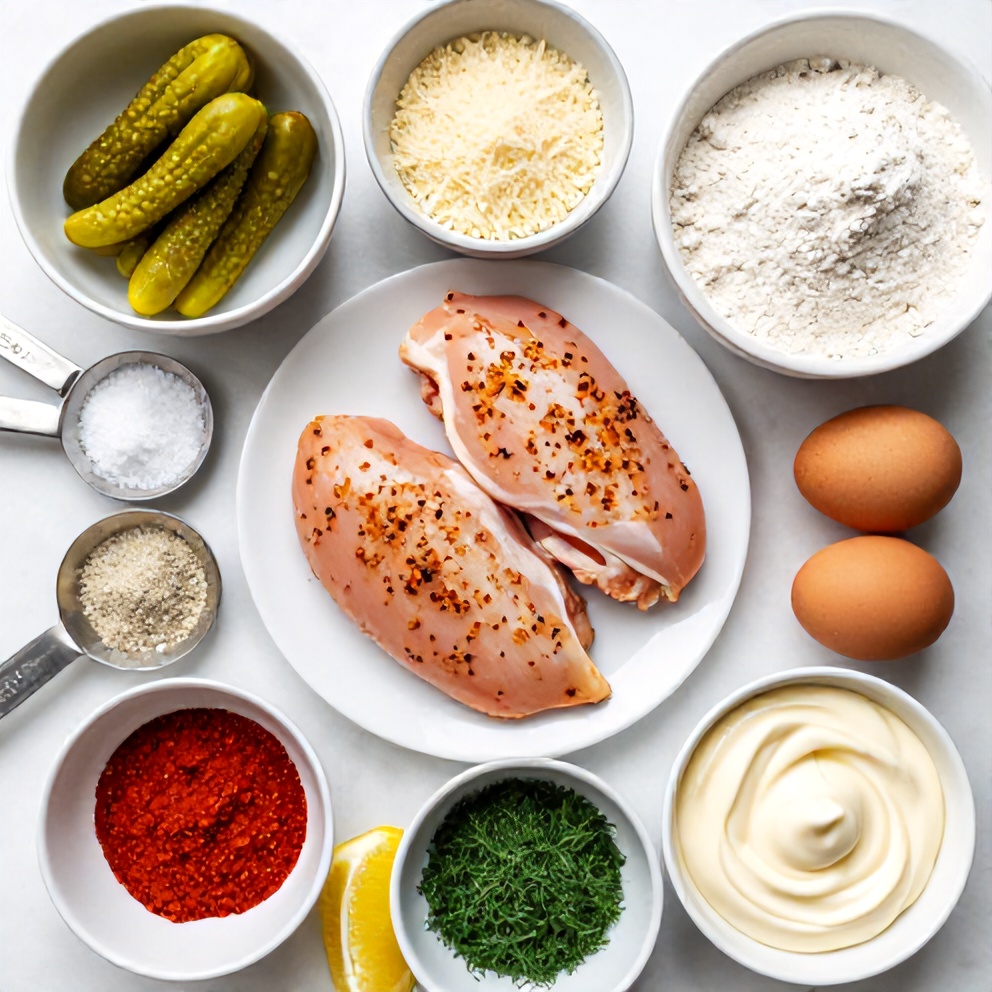 Raw ingredients for Crispy Dill Pickle Parmesan Chicken