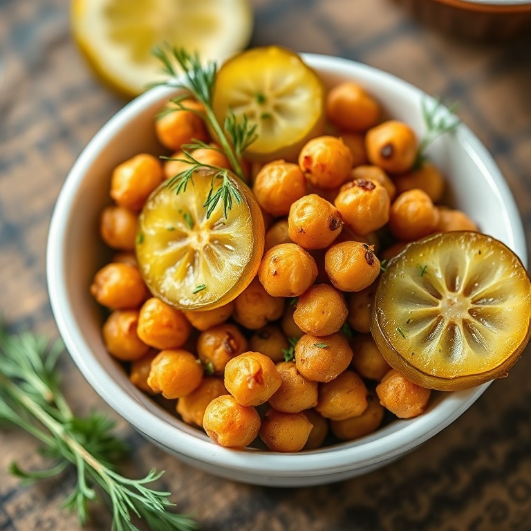 Crispy dill pickle roasted chickpeas in a white ceramic bowl, garnished with fresh dill sprigs and a single dill pickle slice, warm side light catching the crunch on top.