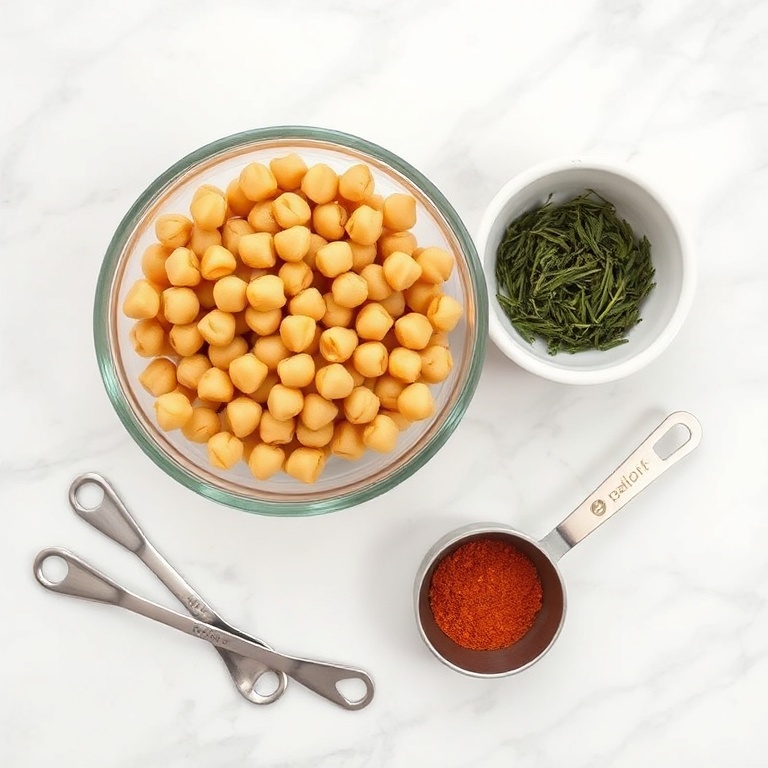 Overhead flat lay: canned chickpeas, dill pickle juice, dried dill weed, garlic powder, smoked paprika, small glass measuring cup with brine, stainless steel spoon, white marble surface.