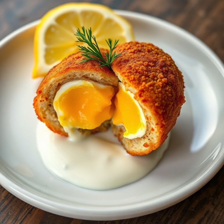 Plated crispy falafel scotch eggs with yogurt sauce and fresh dill