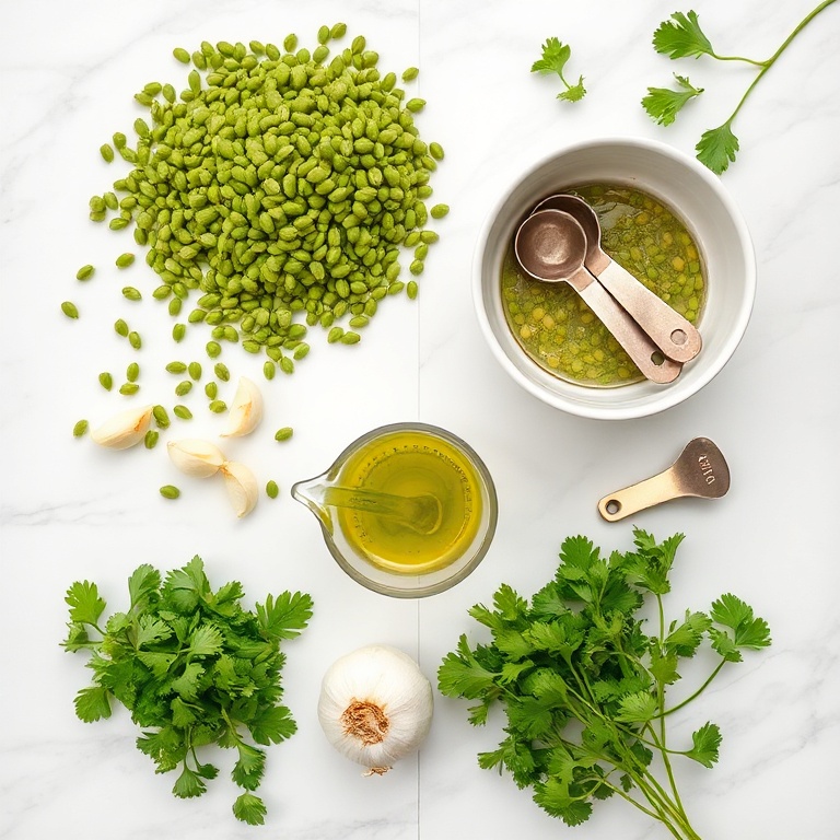 Raw ingredients for crispy falafel scotch eggs arranged overhead